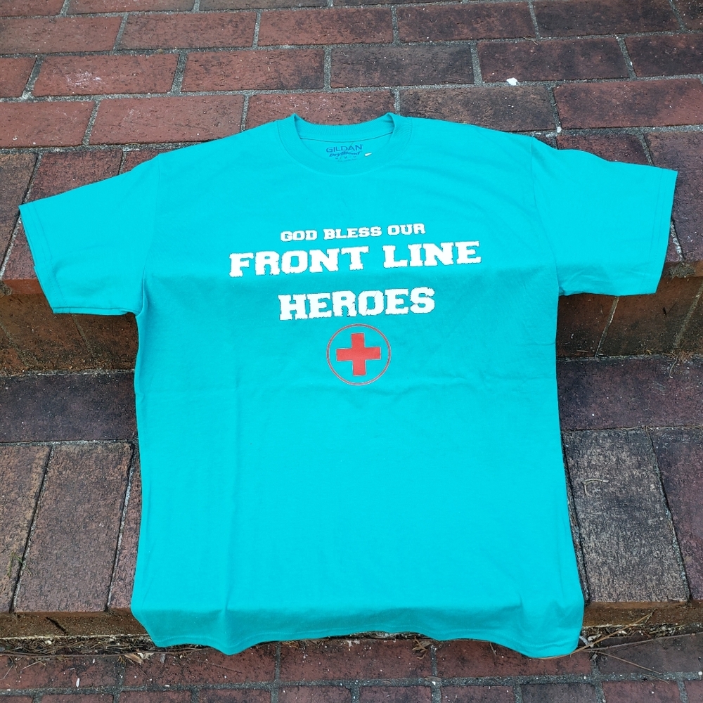 New Tee Shirt (M) Gildan brand, Teal, God Bless Our Front Line Heroes